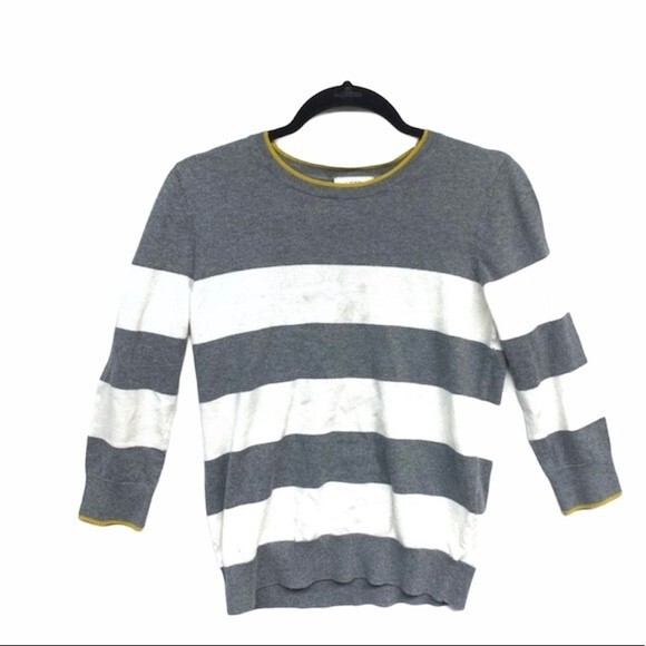 LOFT sweater womens grey/white striped 3/4 sleeve sweater medium - Picture 1 of 5